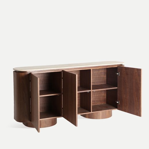 Aparador de chapa de nogal y mármol sintético en color nogal y beige, 180 x 40 x 85 cm | Dune