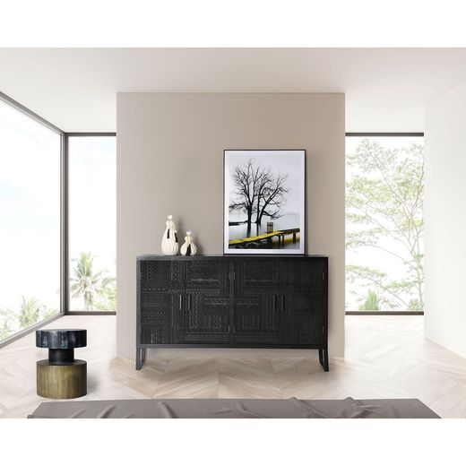 Ash wood and black metal sideboard, 156 x 35 x 91 cm | Antrim
