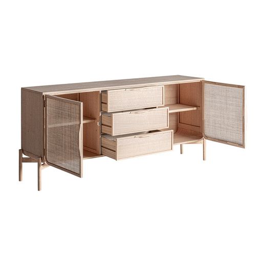 Ash wood and rattan sideboard in natural, 180 x 40 x 80 cm | Weurtz
