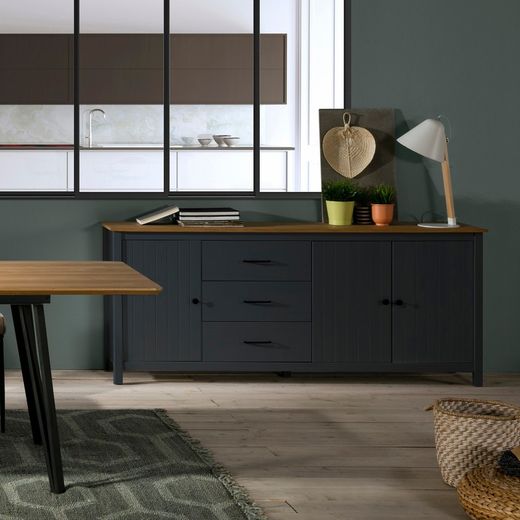 Conjunto de salón compuesto por aparador de 190 cm y vitrina en color azul | Miranda