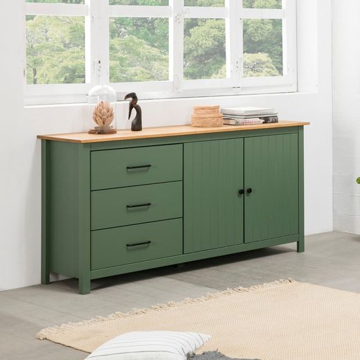 Conjunto de salón compuesto por mueble TV, aparador de 150 cm y mesa de centro en color verde | Miranda