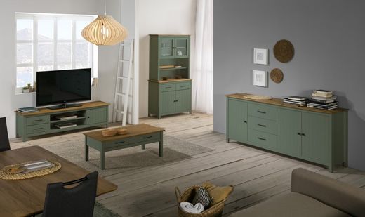 Conjunto de salón compuesto por aparador de 190 cm y vitrina en color verde | Miranda