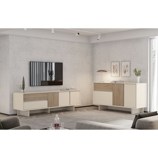 Drewniana komoda w kolorze dębu i norek, 146 x 45 x 76,5 cm | Carpi