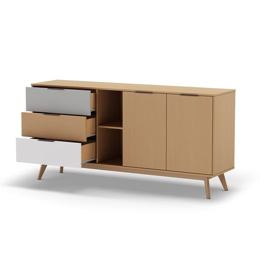 Wooden sideboard in natural, white and grey, 165 x 40 x 81 cm | Elfa