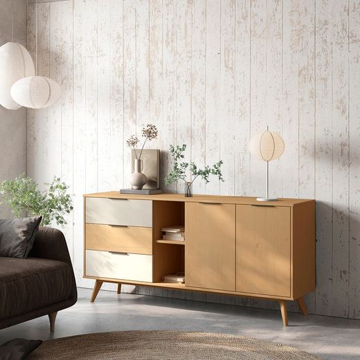 Wooden sideboard in natural, white and grey, 165 x 40 x 81 cm | Elfa