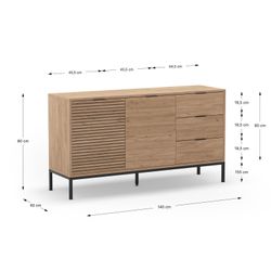 Dressoir van hout en metaal in eikenkleur, 140 x 40 x 80 cm | Ariel