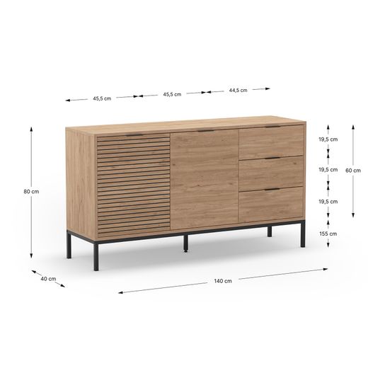 Dressoir van hout en metaal in eikenkleur, 140 x 40 x 80 cm | Ariel