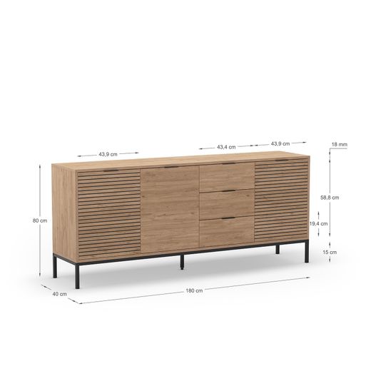Dressoir van hout en metaal in eikenkleur, 180 x 40 x 80 cm | Ariel