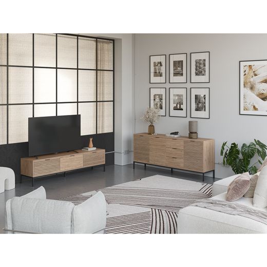 Dressoir van hout en metaal in eikenkleur, 180 x 40 x 80 cm | Ariel
