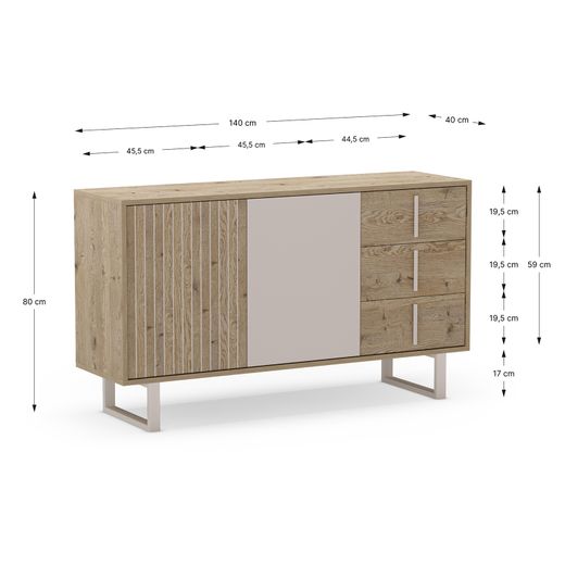 Drewniano-metalowa komoda w kolorze dębowym i szarym, 140 x 40 x 80 cm | Millay