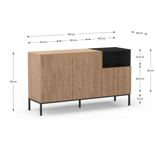 Wooden and metal sideboard in oak and black, 140 x 40 x 80 cm | Cailin