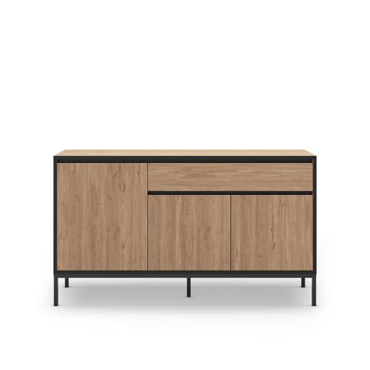 Wooden and metal sideboard in oak and black, 140 x 40 x 80 cm | Lorenza