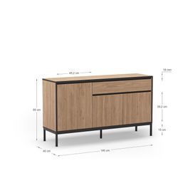 Wooden and metal sideboard in oak and black, 140 x 40 x 80 cm | Lorenza