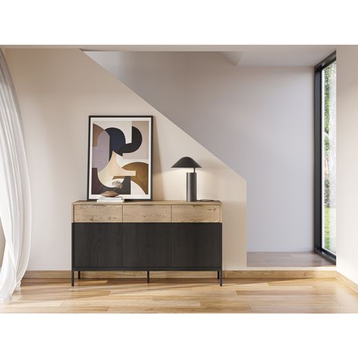Drewniano-metalowa komoda w kolorze dębowym i czarnym, 150 x 40 x 80 cm | Marion