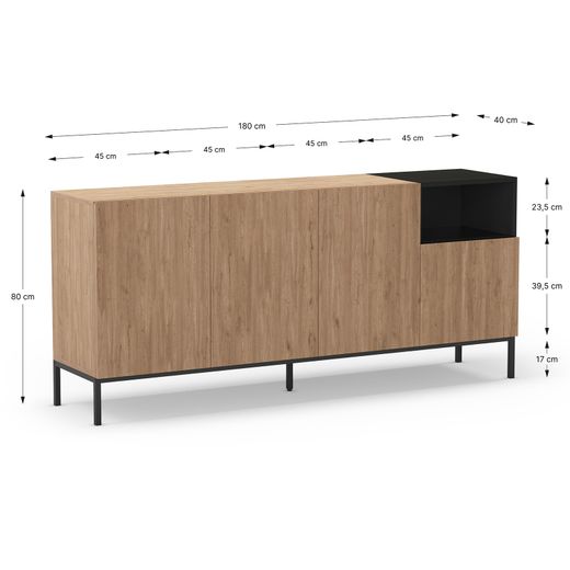 Drewniano-metalowa komoda w kolorze dębowym i czarnym, 180 x 40 x 80 cm | Cailin