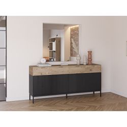 Wooden and metal sideboard in oak and black, 180 x 40 x 80 cm | Marion