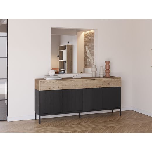 Wooden and metal sideboard in oak and black, 180 x 40 x 80 cm | Marion