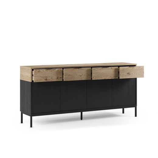 Wooden and metal sideboard in oak and black, 180 x 40 x 80 cm | Marion