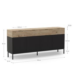 Wooden and metal sideboard in oak and black, 180 x 40 x 80 cm | Marion