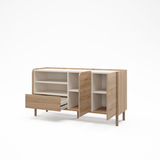 Komoda z drewna i metalu w kolorze dębu i norek, 141 x 44 x 75,5 cm | Monza