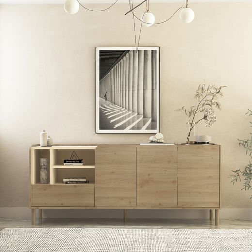 Komoda z drewna i metalu w kolorze dębu i norek, 180 x 44 x 75,5 cm | Monza