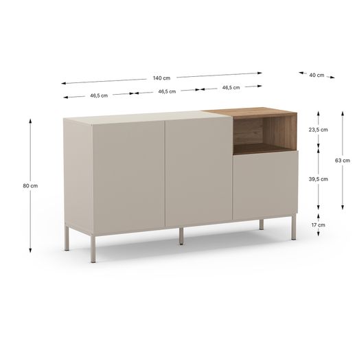Dressoir van hout en metaal, crème en eikenkleur, 140 x 42 x 80 cm | Cailin