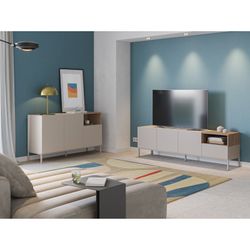 Dressoir van hout en metaal, crème en eikenkleur, 140 x 42 x 80 cm | Cailin