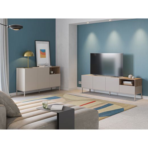 Dressoir van hout en metaal, crème en eikenkleur, 140 x 42 x 80 cm | Cailin