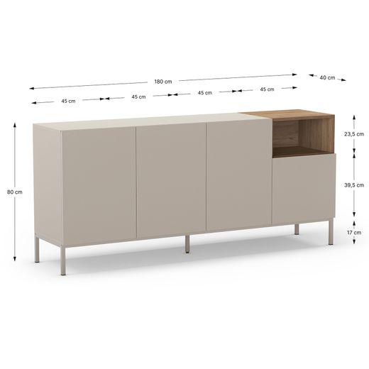 Komoda z drewna i metalu, kolor kremowy i dębowy, 180 x 42 x 80 cm | Cailin