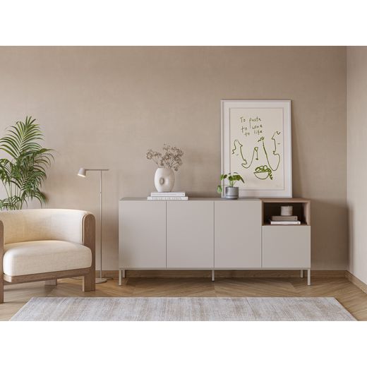 Komoda z drewna i metalu, kolor kremowy i dębowy, 180 x 42 x 80 cm | Cailin