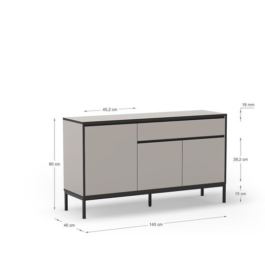 Drewniano-metalowa komoda w kolorze szarym i czarnym, 140 x 40 x 80 cm | Lorenza