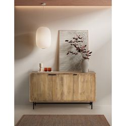 Wood and metal sideboard in natural and black, 150 x 40 x 85 cm | Mundra