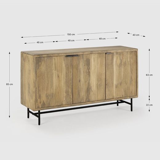 Wood and metal sideboard in natural and black, 150 x 40 x 85 cm | Mundra