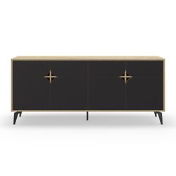 Aparador de madeira e metal na cor preto e carvalho, 185 x 40 x 79 cm | Nola