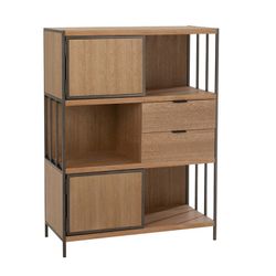 Kredens z naturalnego/czarnego drewna i metalu, 90x40x120,5 cm