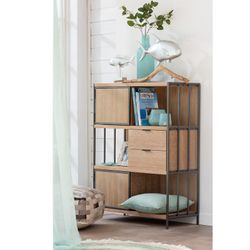 Kredens z naturalnego/czarnego drewna i metalu, 90x40x120,5 cm