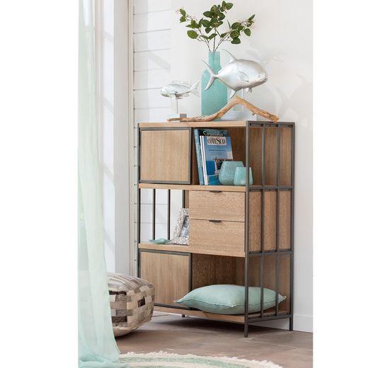 Kredens z naturalnego/czarnego drewna i metalu, 90x40x120,5 cm