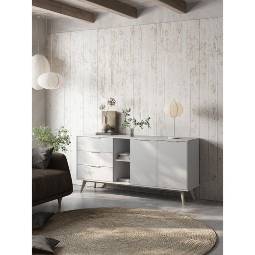 Conjunto de salón compuesto por aparador de 165 cm y mueble TV con 4 puertas en blanco  | Campus