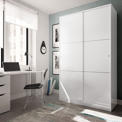 Kleerkast met 2 brede schuifdeuren in hoogglans wit, 120 x 50 x 200 cm