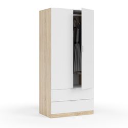 Armário com 2 portas e 2 gavetas, acabamento em carvalho e branco, 81 x 52 x 18 cm
