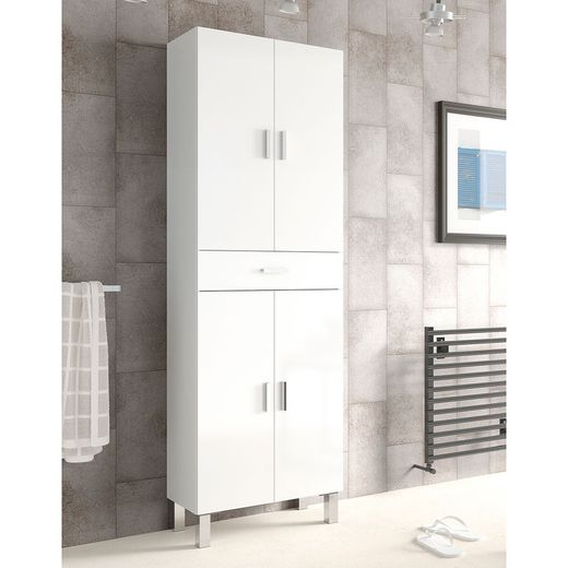 Meuble de salle de bain en blanc brillant avec 4 portes, 60 x 29 x 182 cm