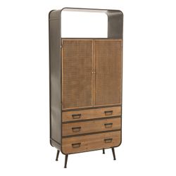 Armoire 3 tiroirs métal noir/naturel et bois, 80x35x180 cm
