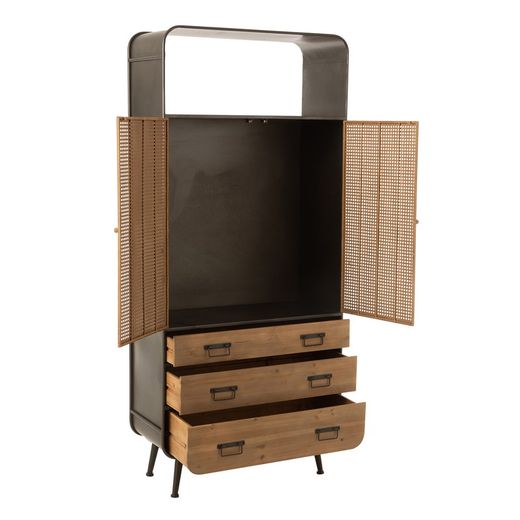 Armoire 3 tiroirs métal noir/naturel et bois, 80x35x180 cm