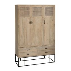 Armoire 3 portes en manguier, métal et rotin naturel/noir, 115x45x175,5 cm