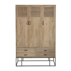 Armoire 3 portes en manguier, métal et rotin naturel/noir, 115x45x175,5 cm