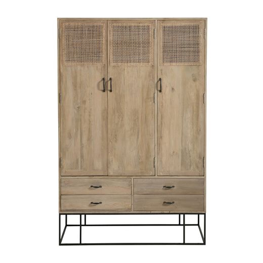 Armoire 3 portes en manguier, métal et rotin naturel/noir, 115x45x175,5 cm