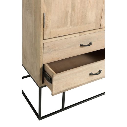 Armoire 3 portes en manguier, métal et rotin naturel/noir, 115x45x175,5 cm