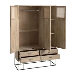 Armoire 3 portes en manguier, métal et rotin naturel/noir, 115x45x175,5 cm