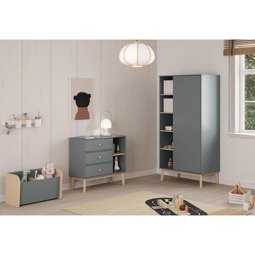 Pine wardrobe in green and natural, 90 x 52 x 181 cm | Esteban