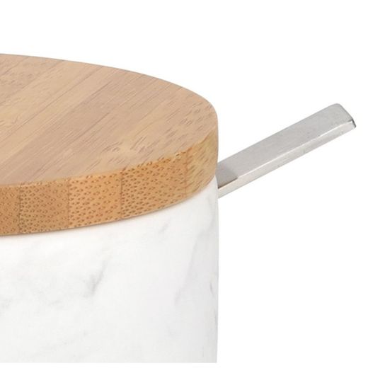 White Marble / Bamboo Effect Ceramic Sugar Bowl / Spoon, Ø10x7cm